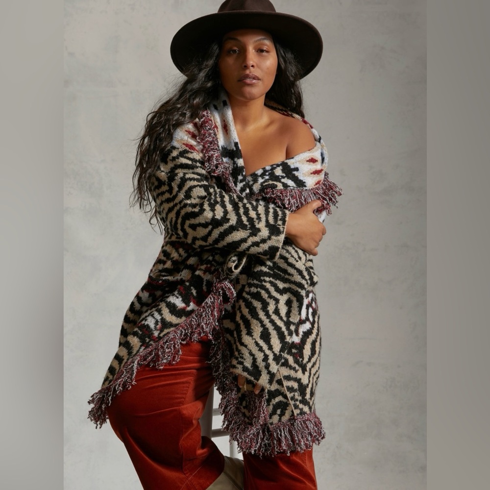 Anthropologie Paloma Animal Print Fringed Long Cardigan with Belt